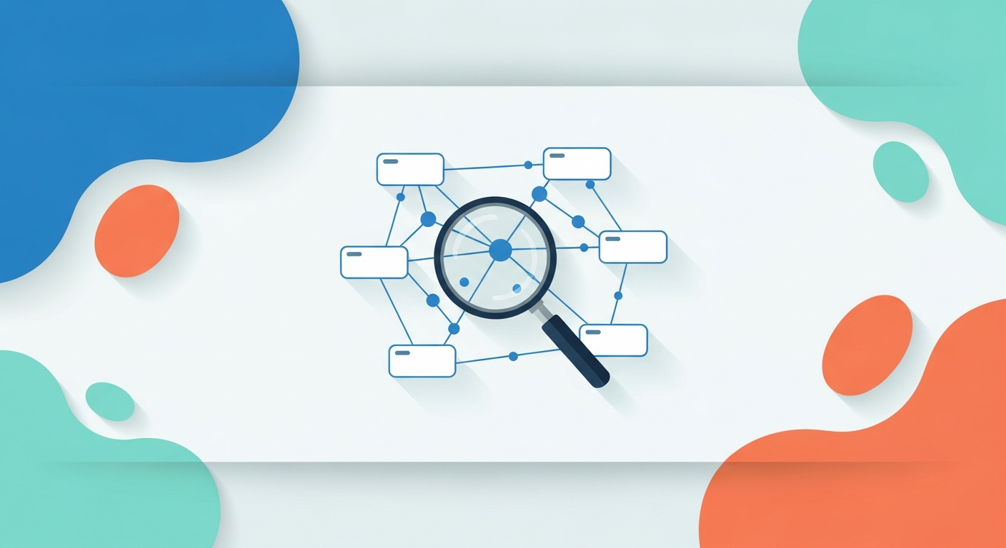 Illustration of a connected network of keyword nodes under a magnifying glass