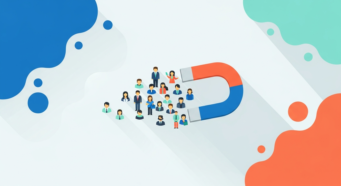 Illustration of a magnet collecting a diverse audience of people