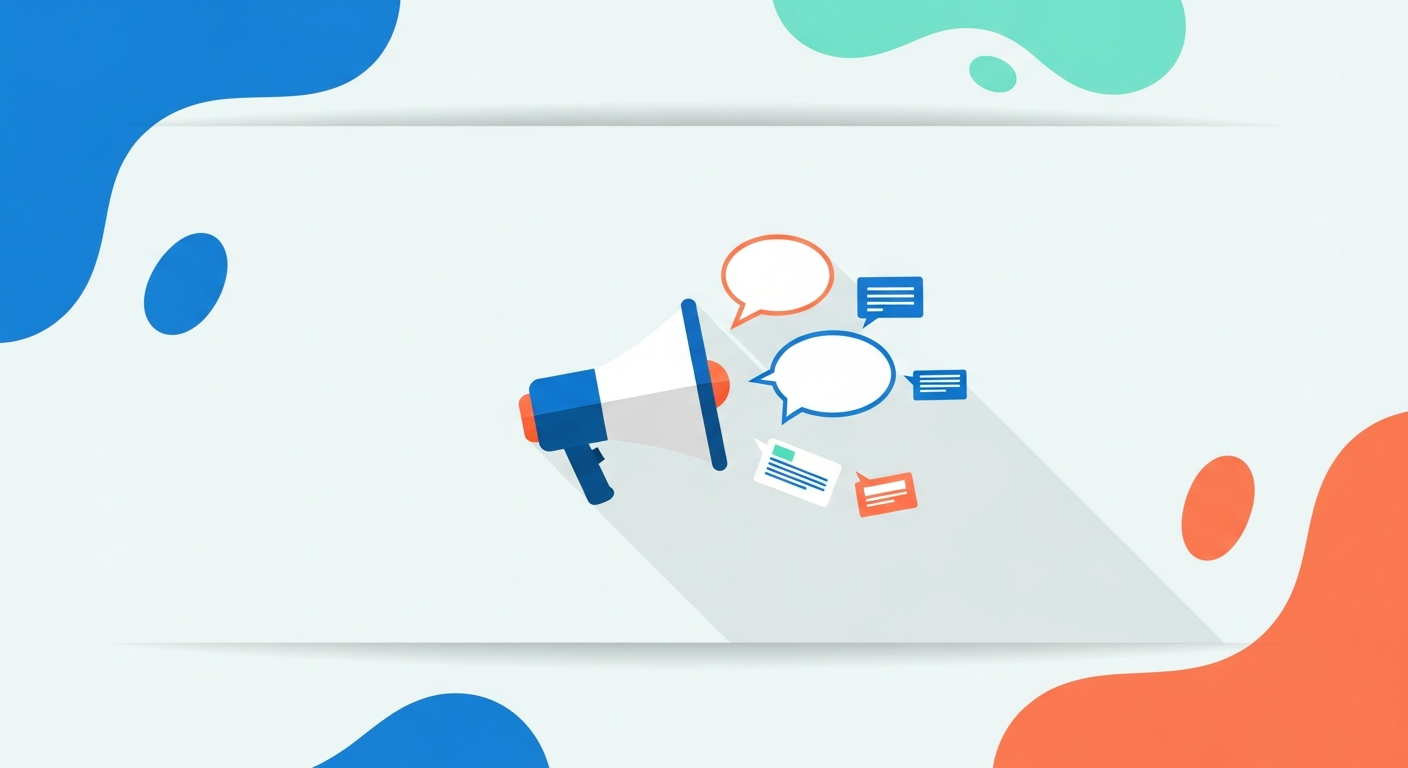 Illustration of a megaphone broadcasting ads with speech bubbles