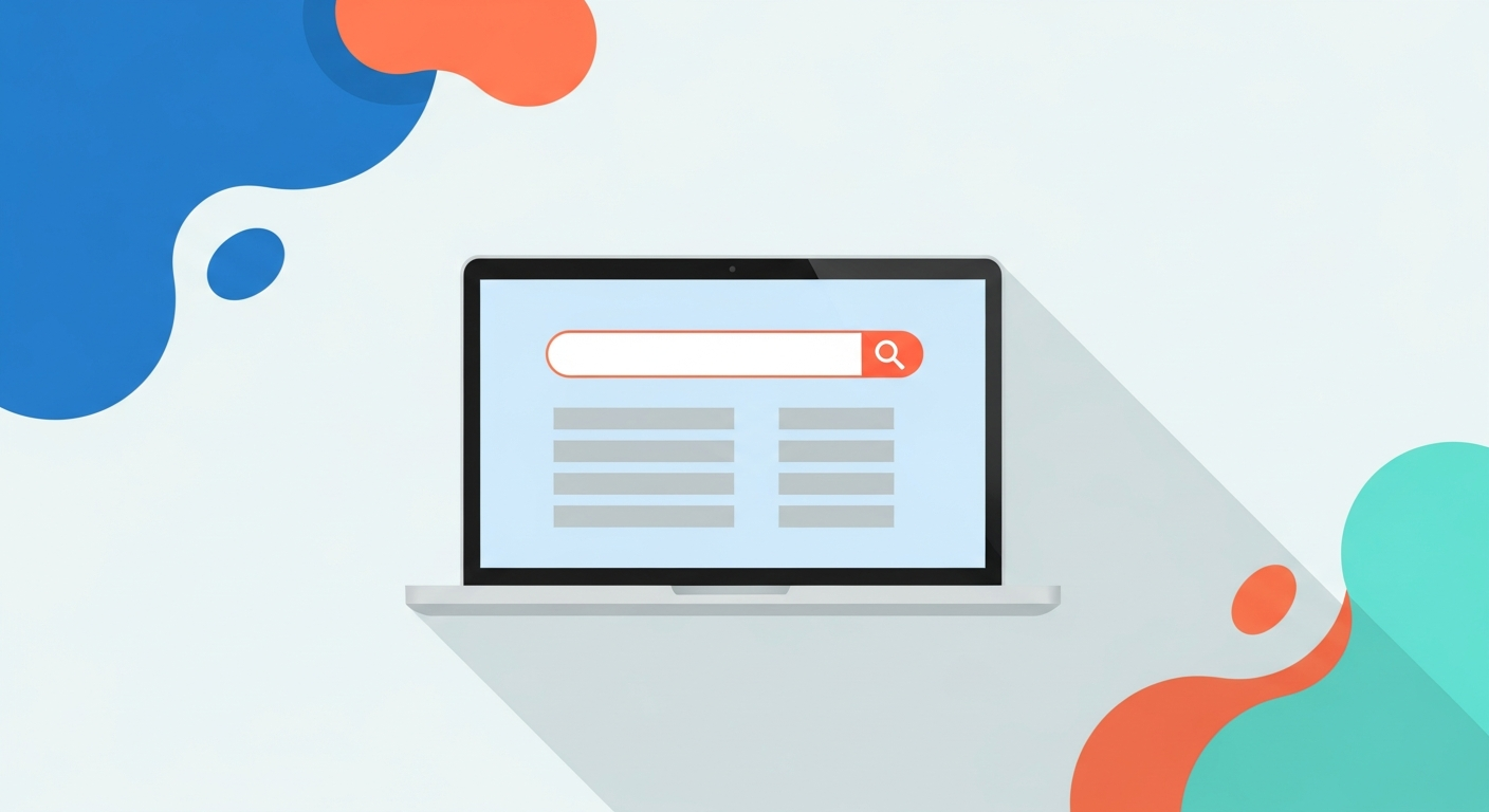 Illustration of a laptop showing a search bar and search results