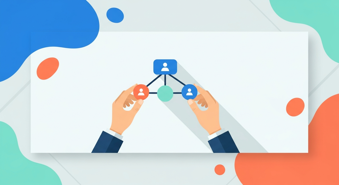 Illustration of a hand assembling a Google Ads account structure diagram