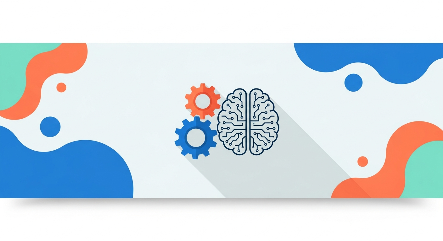 Illustration of gears and a brain chip representing automated smart bidding