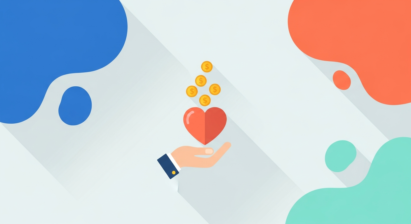 Illustration of a hand lifting a heart with rising coins for nonprofit fundraising